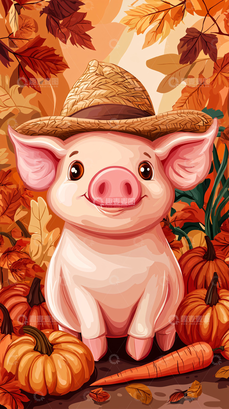 高清大图下载【趣麦麦图】秋天小猪南瓜