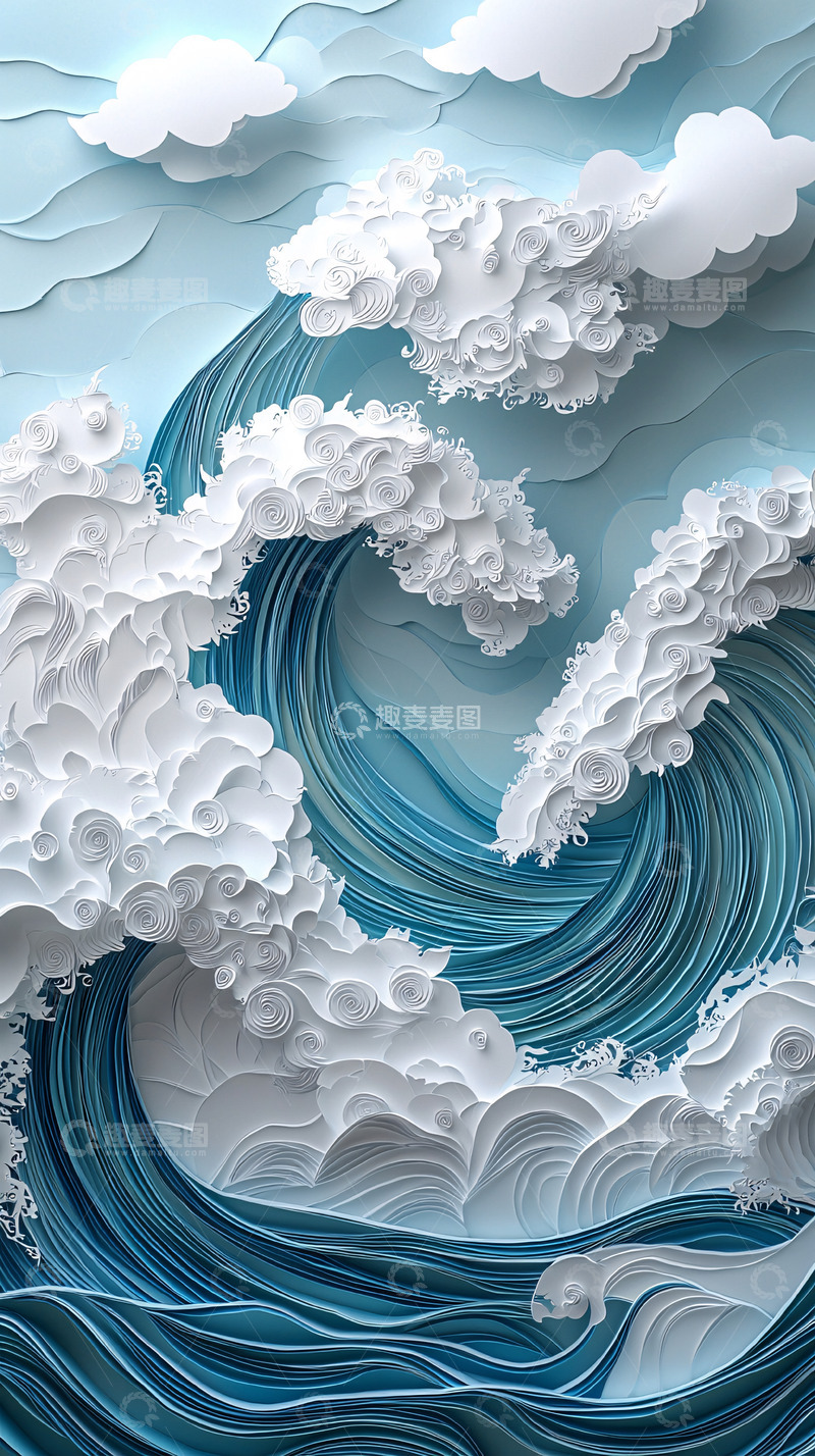 高清大图下载【趣麦麦图】立体纸雕风格蓝色海浪