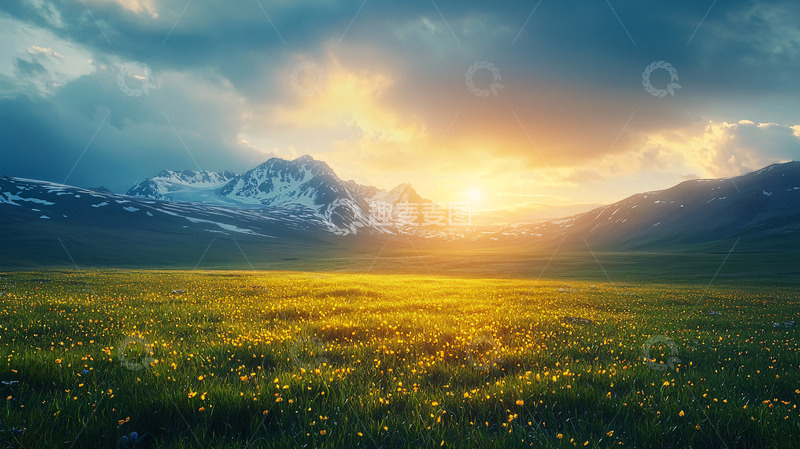 高清大图下载【趣麦麦图】日出雪山草原花海