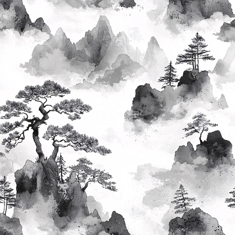 高清大图下载【趣麦麦图】水墨山水树木云雾