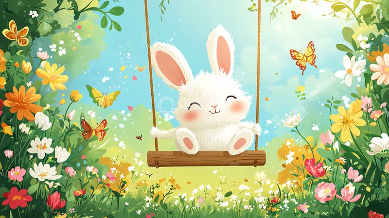 高清大图下载【趣麦麦图】可爱的小白兔荡秋千