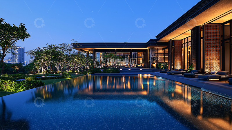 高清大图下载【趣麦麦图】现代别墅夜景泳池