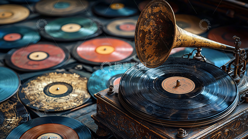 高清大图下载【趣麦麦图】老式唱片机与彩色唱片