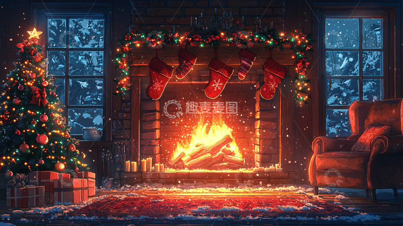 高清大图下载【趣麦麦图】圣诞节壁炉温馨场景