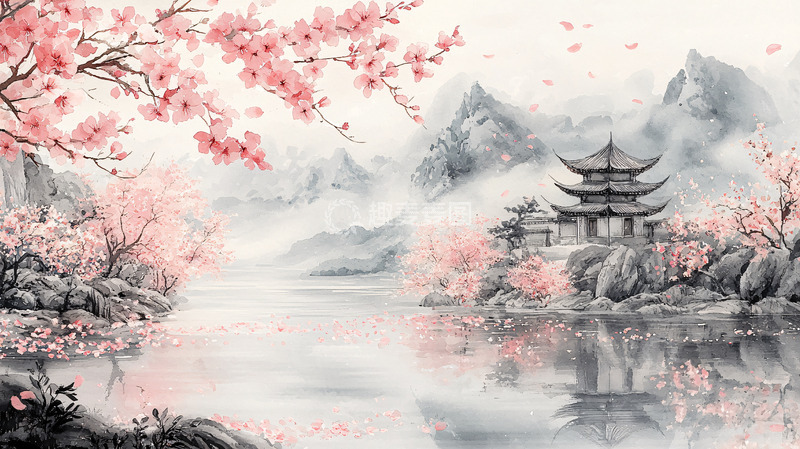 高清大图下载【趣麦麦图】水墨樱花古建筑山水画