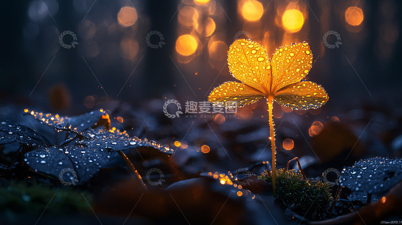 高清大图下载【趣麦麦图】金色四叶草在森林中闪耀