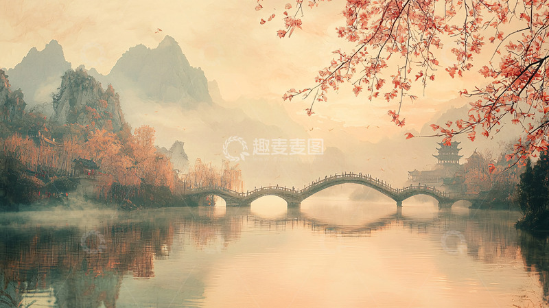 高清大图下载【趣麦麦图】水墨风山水桥梁红叶唯美意境