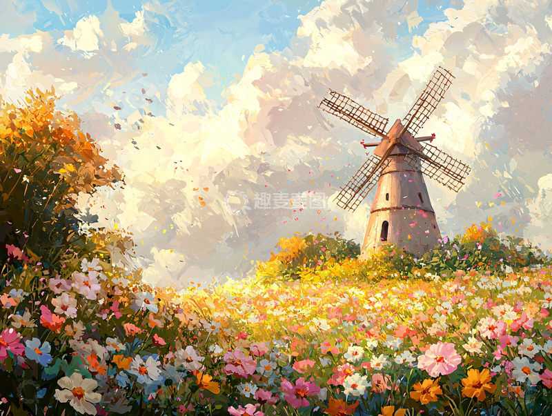 高清大图下载【趣麦麦图】风景如画的风车花田