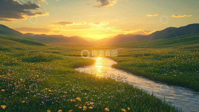 高清大图下载【趣麦麦图】日落草原河流风景