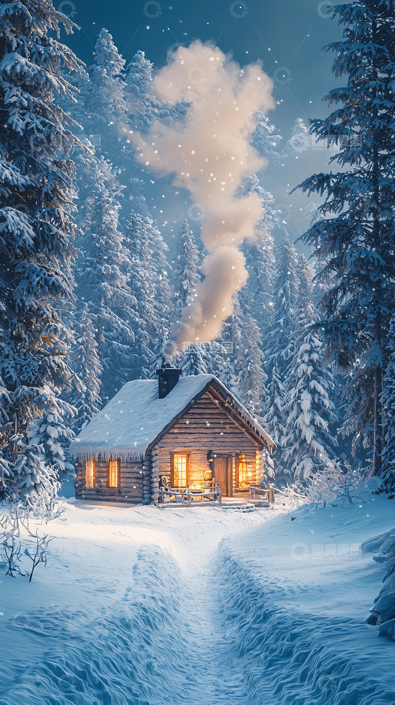 高清大图下载【趣麦麦图】雪夜森林小屋