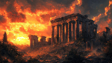 火焰燃烧的古希腊废墟