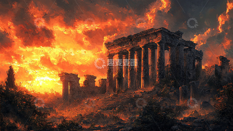 高清大图下载【趣麦麦图】火焰燃烧的古希腊废墟