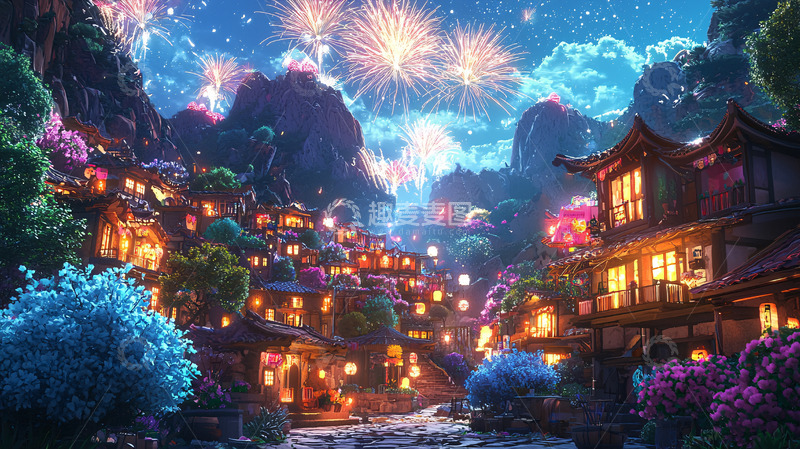 高清大图下载【趣麦麦图】梦幻山村夜景烟火