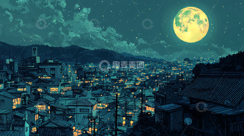 高清大图下载【趣麦麦图】夜晚小镇夜景