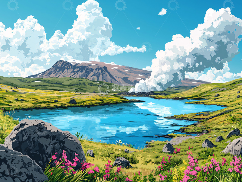 高清大图下载【趣麦麦图】蓝天白云下的山峦湖泊