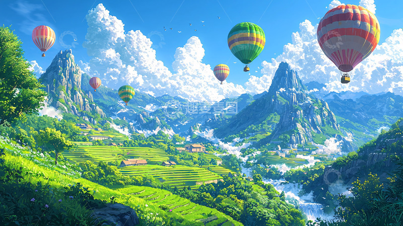 高清大图下载【趣麦麦图】热气球在山谷中飞行