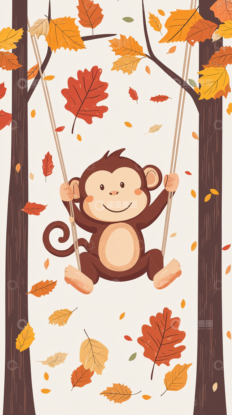 高清大图下载【趣麦麦图】秋日小猴荡秋千