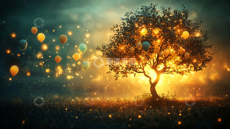 高清大图下载【趣麦麦图】发光树与热气球