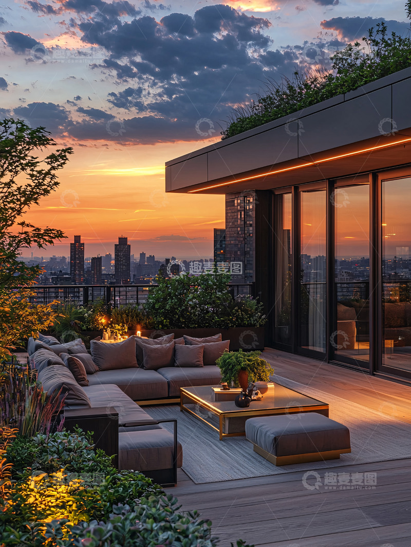 高清大图下载【趣麦麦图】日落城市景观顶层露台
