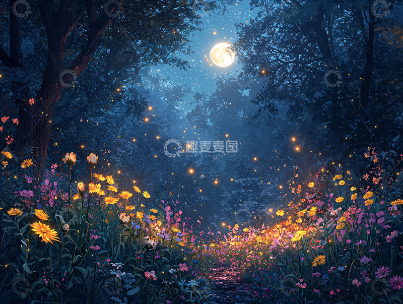 高清大图下载【趣麦麦图】梦幻森林月夜花海