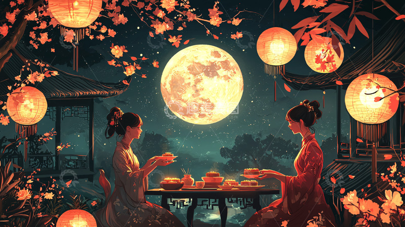 高清大图下载【趣麦麦图】中秋佳节赏月图