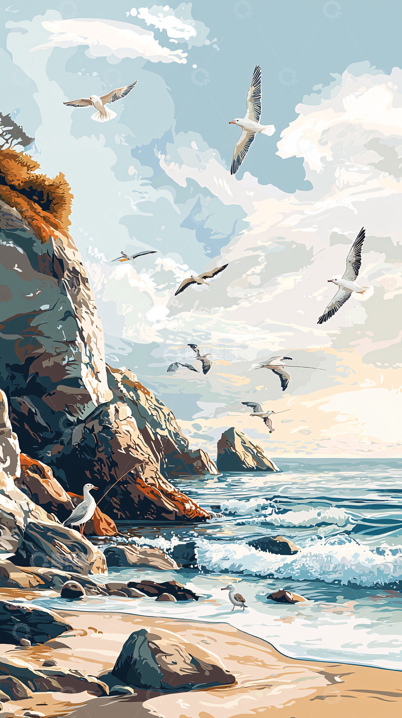 高清大图下载【趣麦麦图】海边岩石峭壁飞鸟