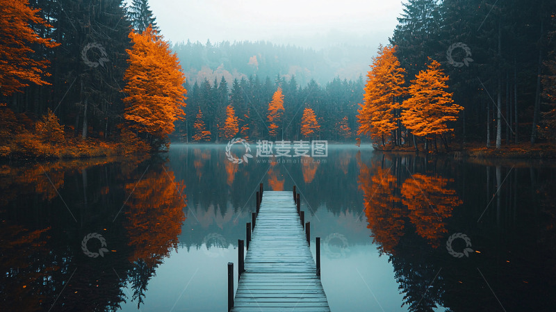 高清大图下载【趣麦麦图】秋日湖泊栈桥倒影