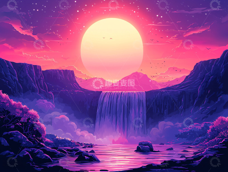 高清大图下载【趣麦麦图】粉色日落瀑布