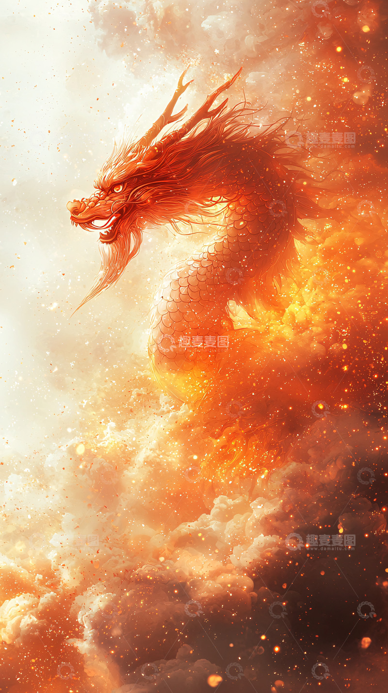 高清大图下载【趣麦麦图】火焰缠绕的红色中国龙