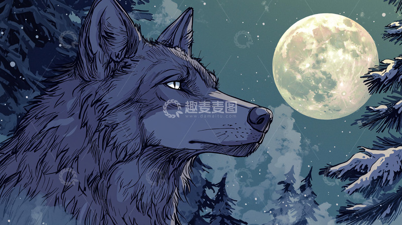 高清大图下载【趣麦麦图】月光下的灰狼