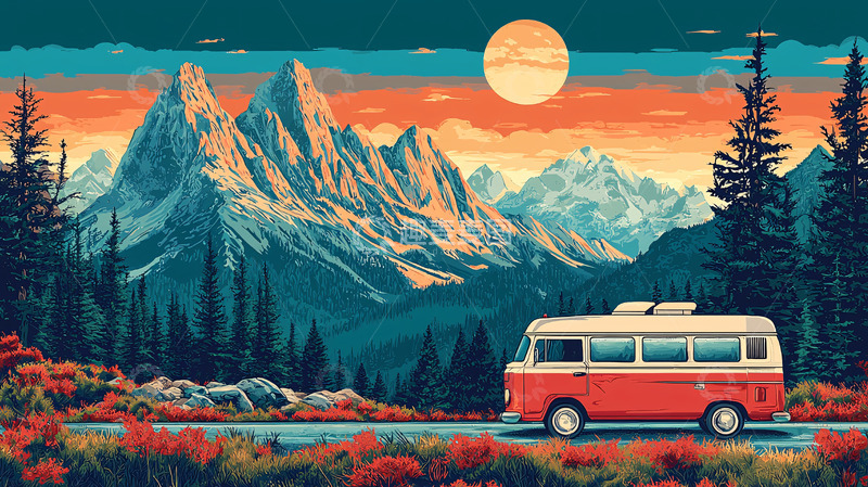 高清大图下载【趣麦麦图】复古房车山脉日落
