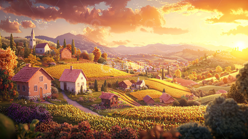 高清大图下载【趣麦麦图】夕阳下的田园乡村风景