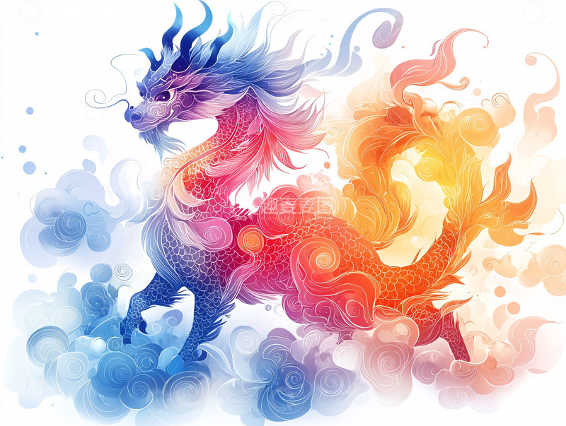 高清大图下载【趣麦麦图】彩色祥龙水墨画