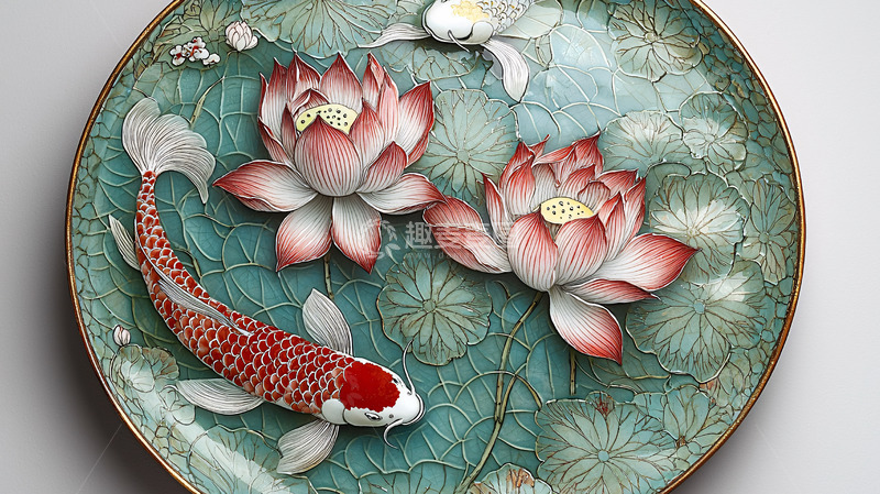 高清大图下载【趣麦麦图】瓷盘浮雕鲤鱼莲花