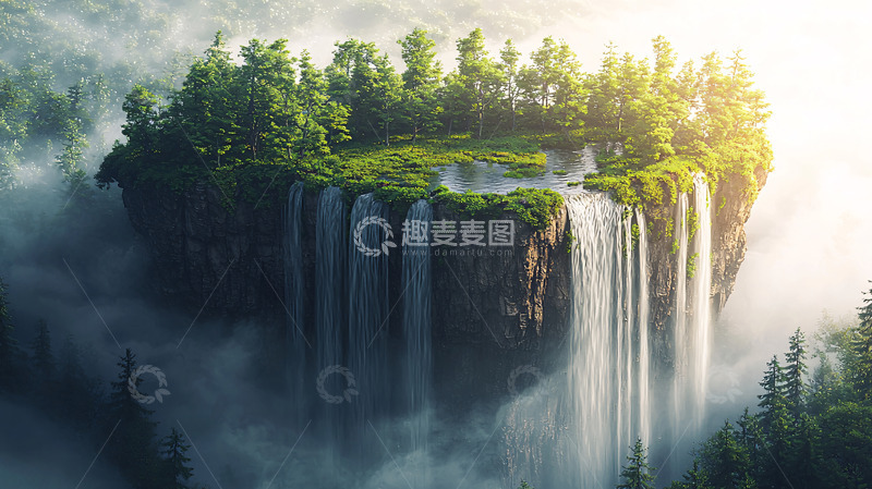 高清大图下载【趣麦麦图】悬浮岛屿瀑布森林