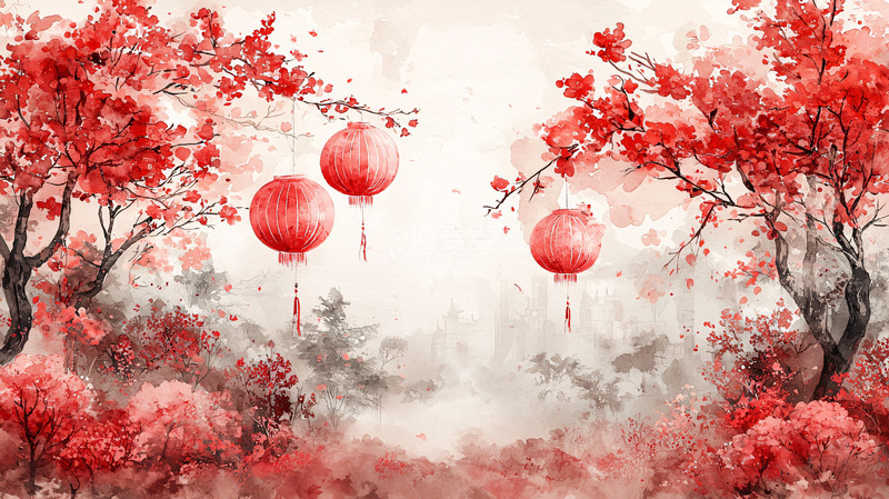 高清大图下载【趣麦麦图】红枫树水墨中国风背景图