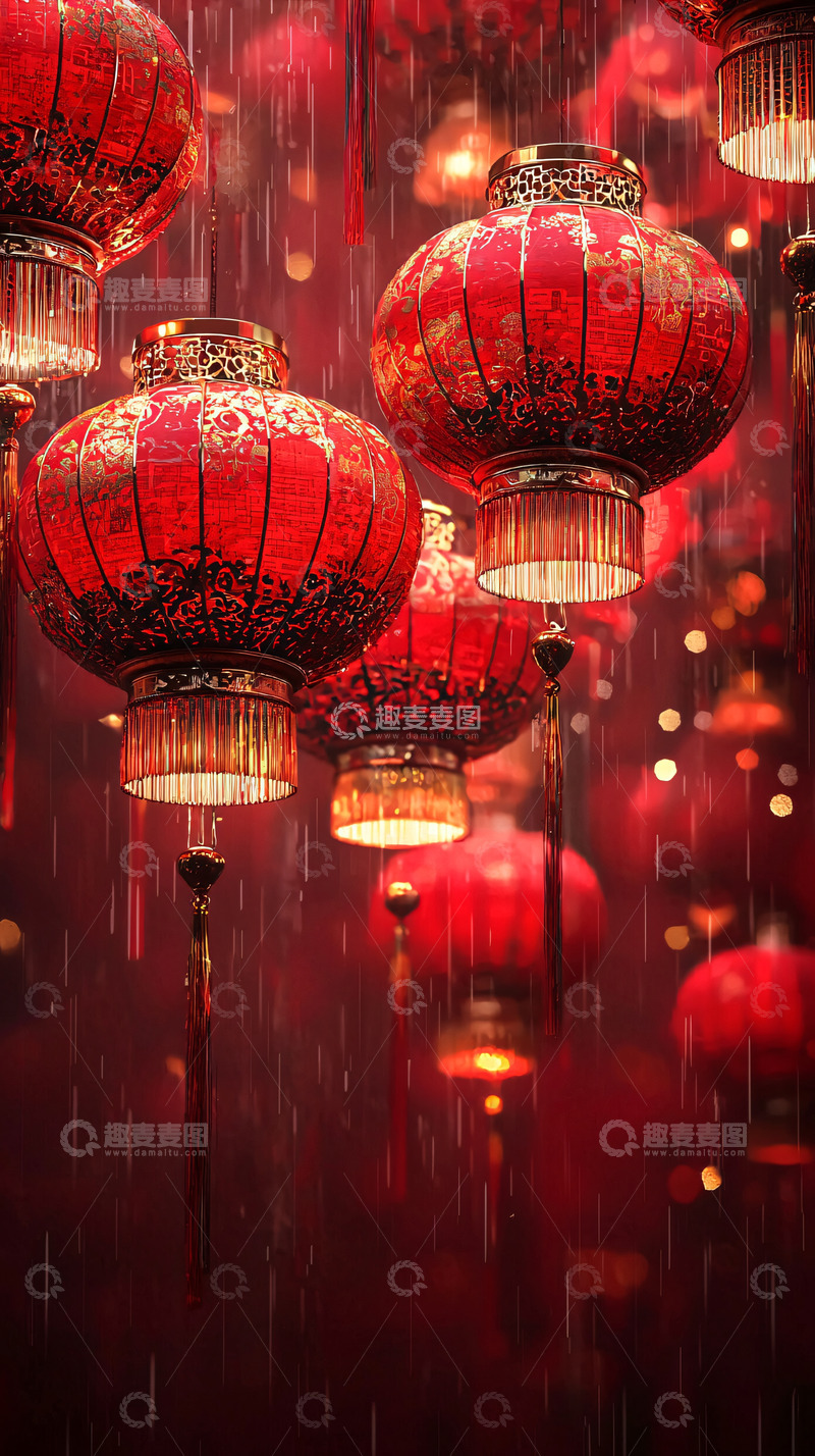 高清大图下载【趣麦麦图】喜庆红色灯笼雨夜朦胧
