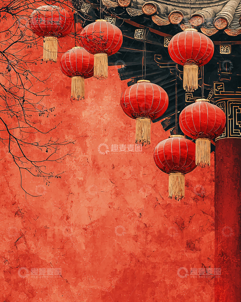 高清大图下载【趣麦麦图】红色灯笼挂在古建筑上