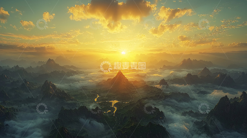 高清大图下载【趣麦麦图】山峰日出云海景色壮丽
