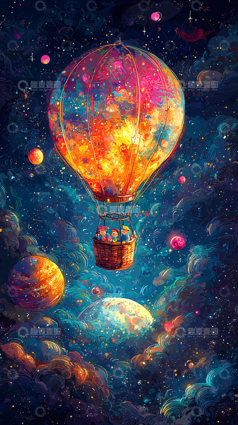 高清大图下载【趣麦麦图】梦幻热气球遨游宇宙