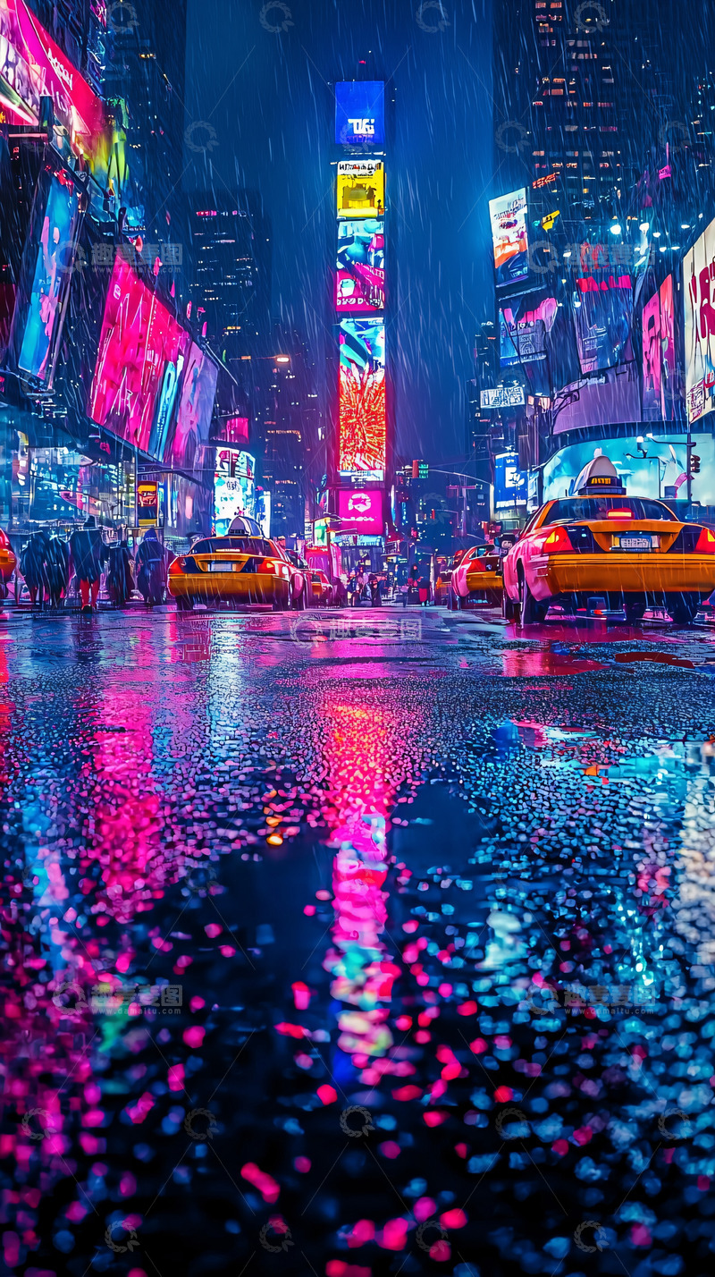 高清大图下载【趣麦麦图】纽约时代广场夜景雨夜