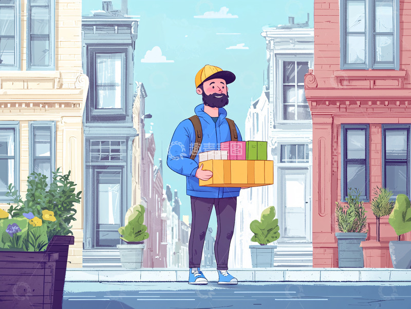 高清大图下载【趣麦麦图】快递员送货站在街道中间