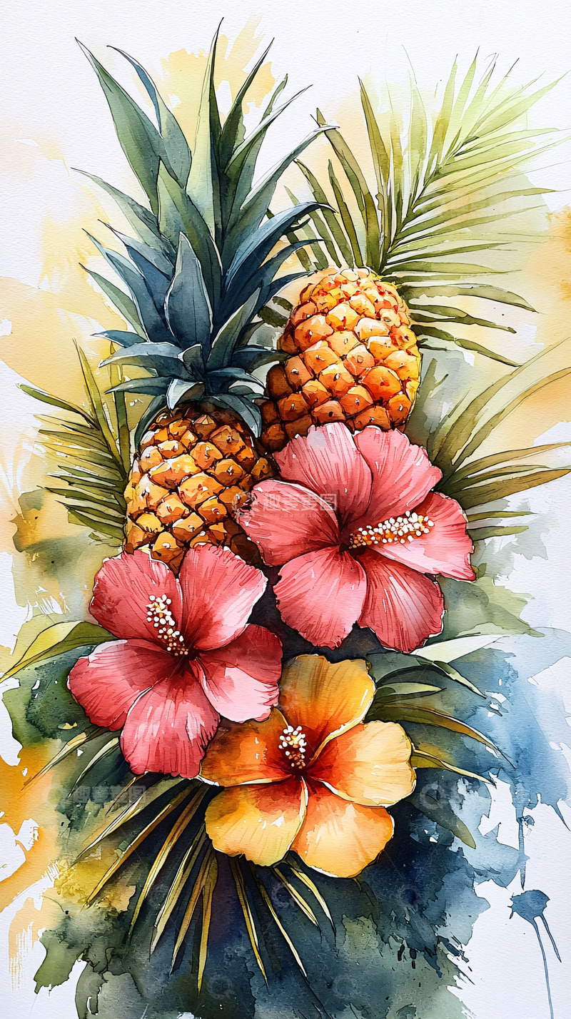 高清大图下载【趣麦麦图】水彩菠萝花卉静物画