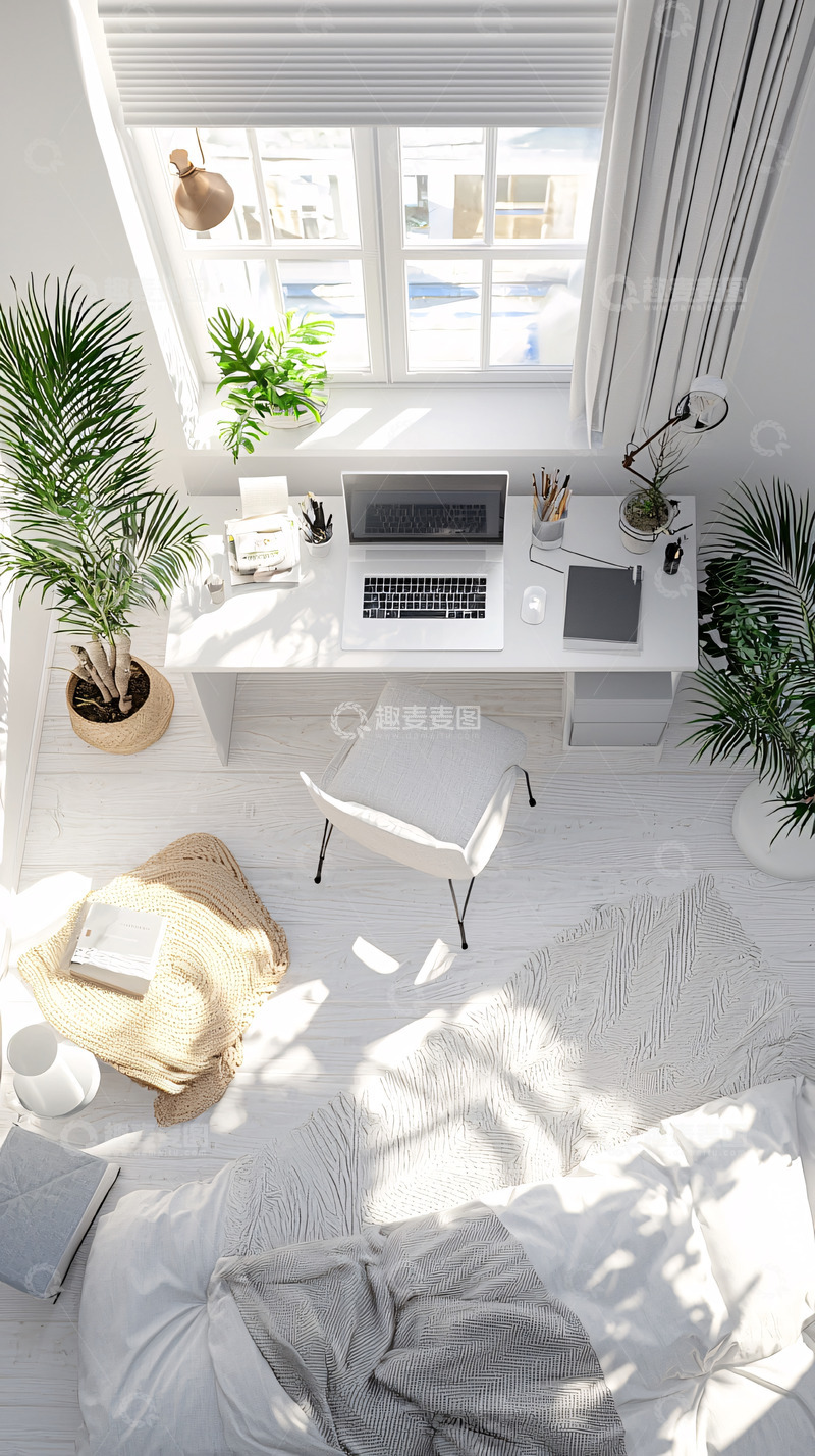 高清大图下载【趣麦麦图】极简风白色房间办公学习区