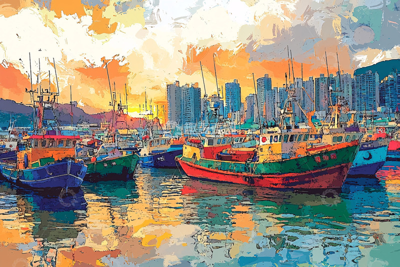 高清大图下载【趣麦麦图】彩色渔港落日风景画