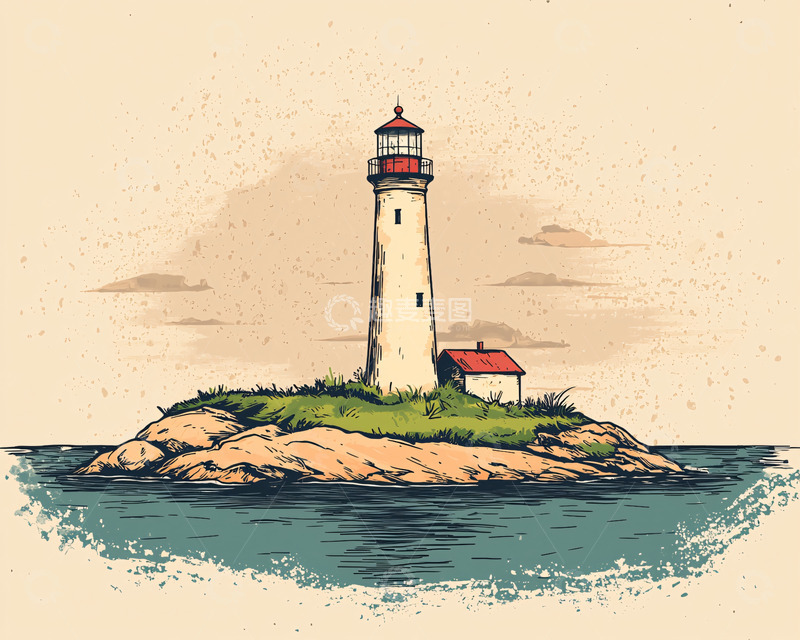 高清大图下载【趣麦麦图】手绘风格孤岛灯塔