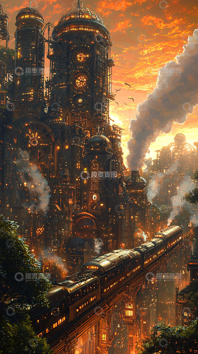 高清大图下载【趣麦麦图】蒸汽朋克风格的城市景观