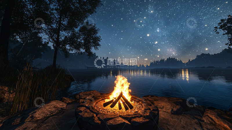 高清大图下载【趣麦麦图】篝火湖边星空夜色