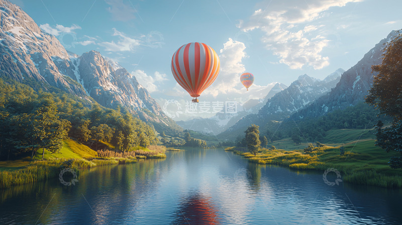 高清大图下载【趣麦麦图】热气球山谷湖泊风景