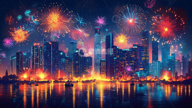 高清大图下载【趣麦麦图】绚丽多彩的城市烟火夜景
